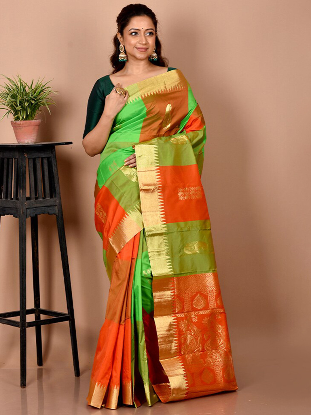 

AllSilks Green & Red Woven Design Zari Pure Silk Kanjeevaram Saree