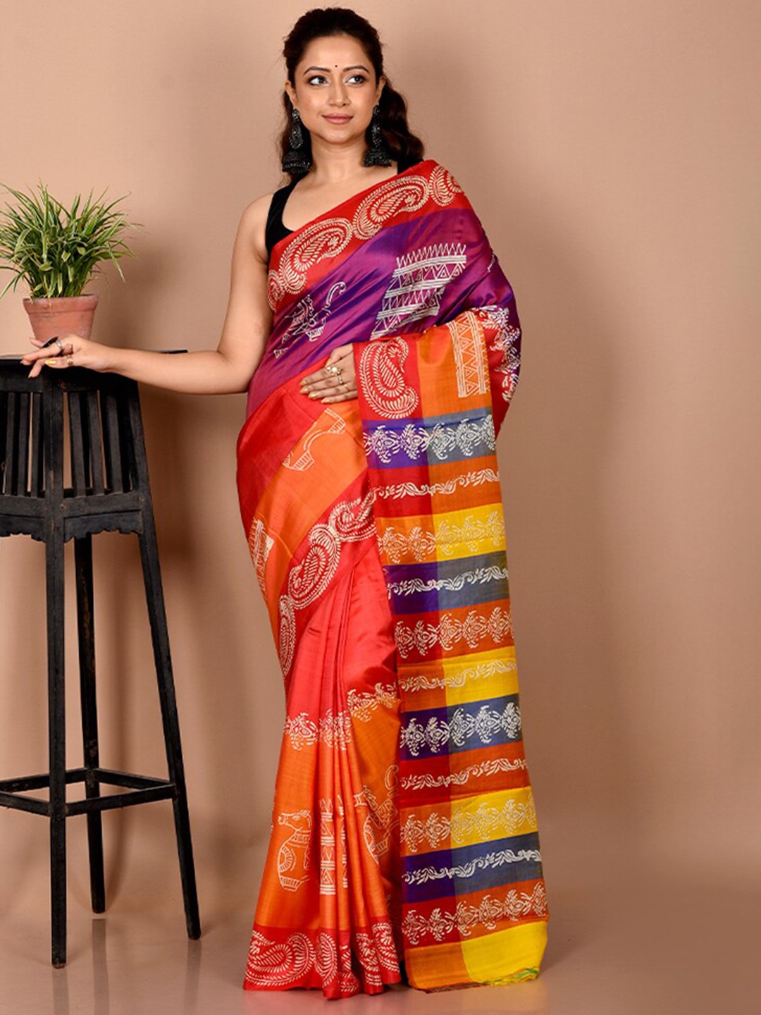

AllSilks Paisley Printed Pure Silk Saree, Orange