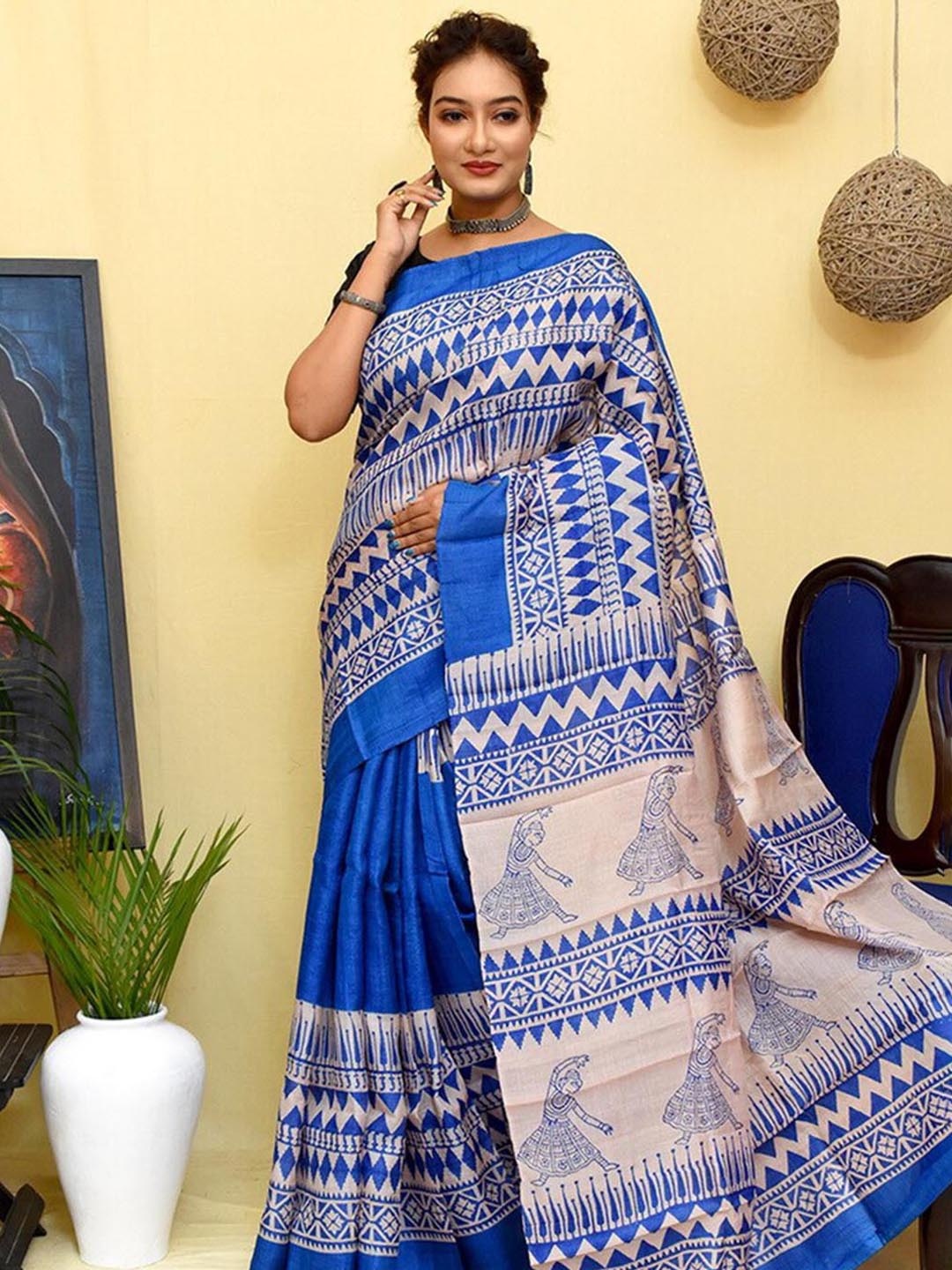 

AllSilks Geometric MotifPrinted Pure Silk Tussar Saree, Blue