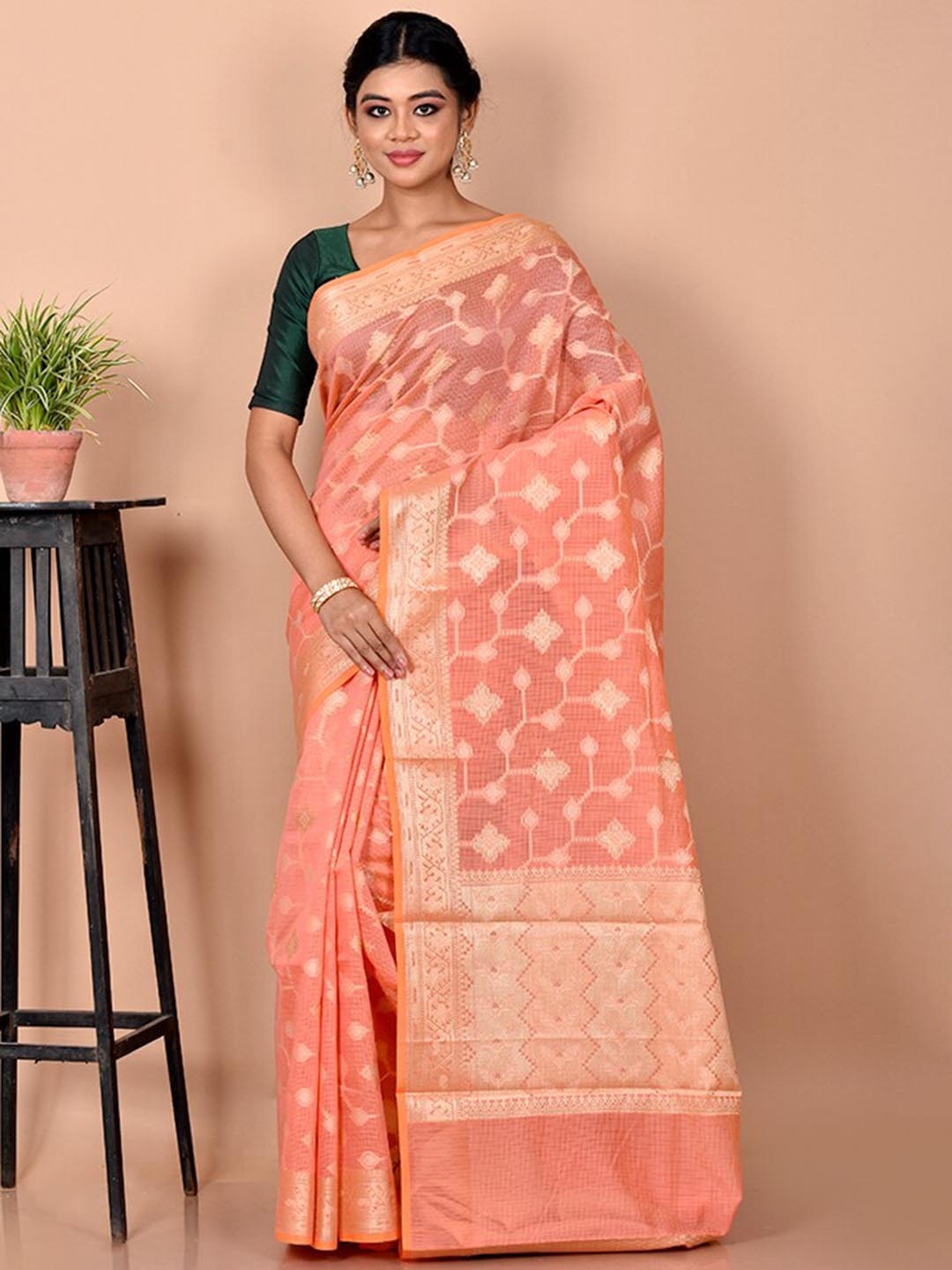 

AllSilks Floral Woven Design Zari Pure Silk Saree, Peach