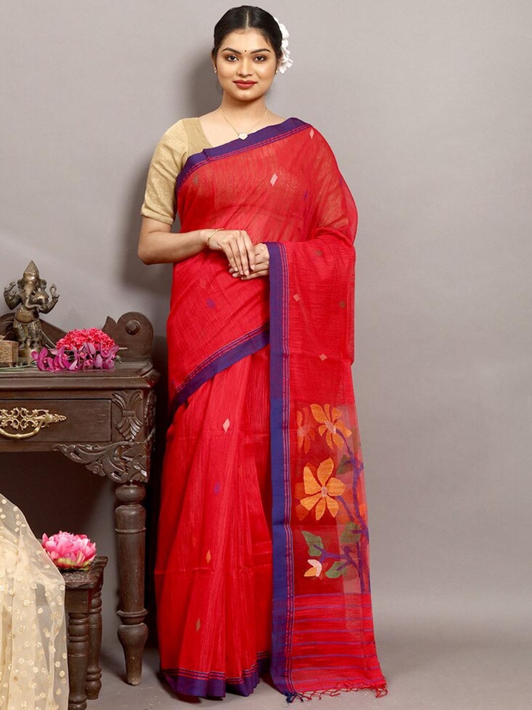 

AllSilks Floral motif Woven Design Pure Silk Saree, Red