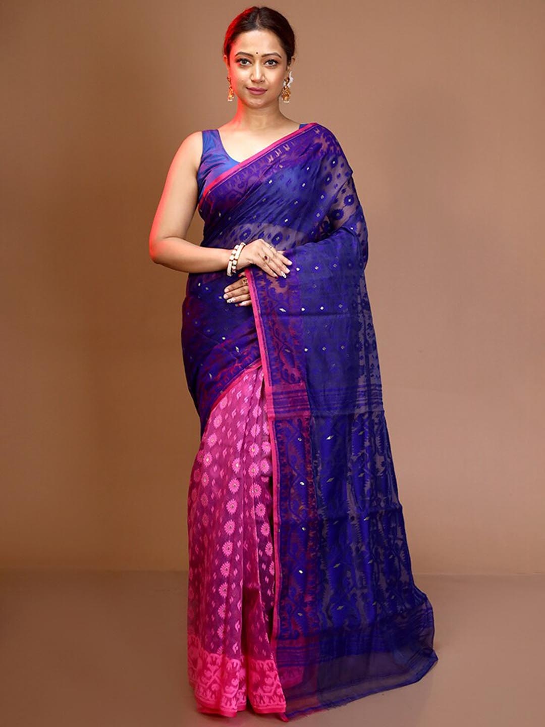 

AllSilks Geometric Woven Design Pure Silk Half and Half Taant Saree, Pink
