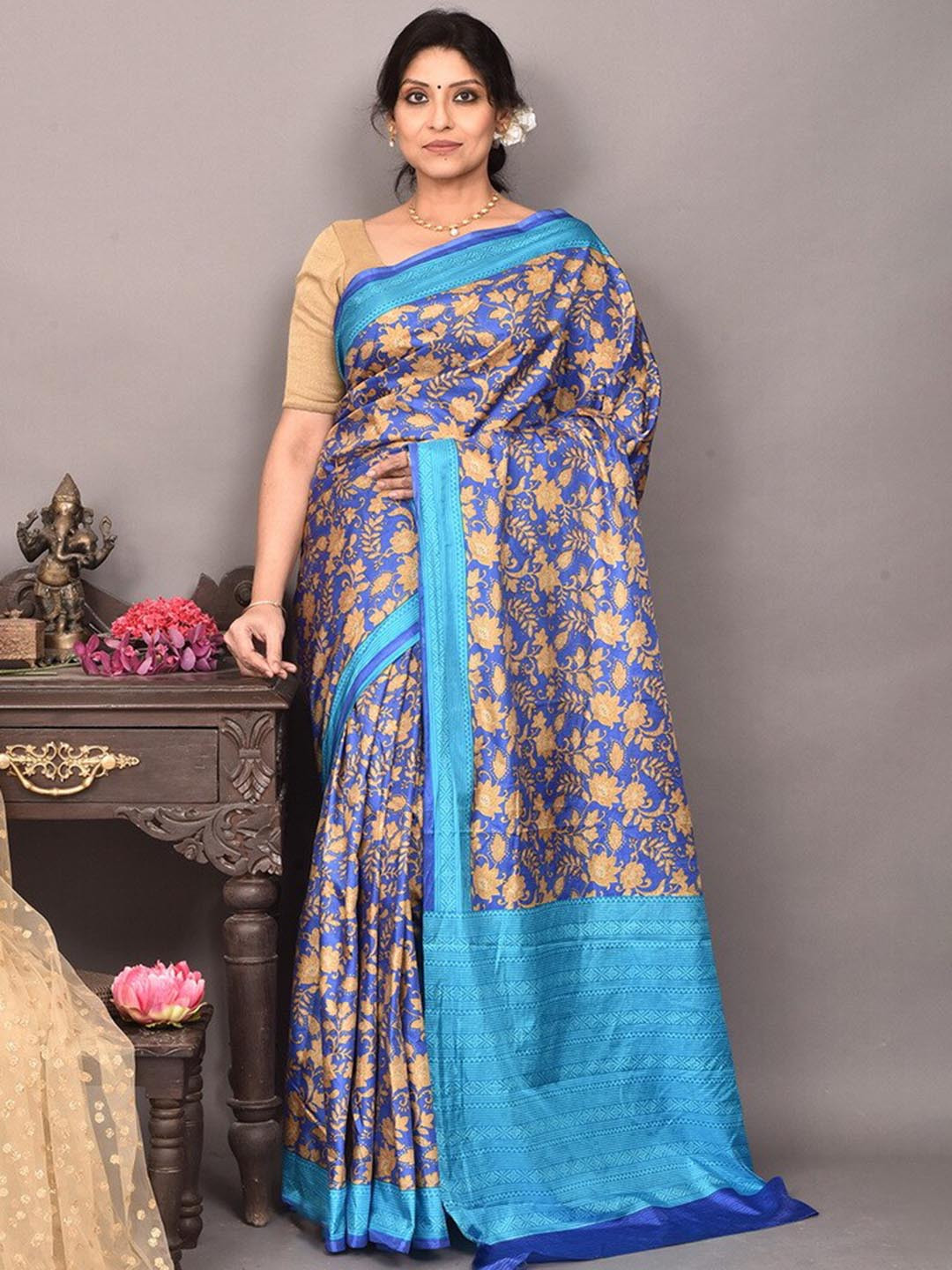 

AllSilks Floral Printed Pure Silk Saree, Blue