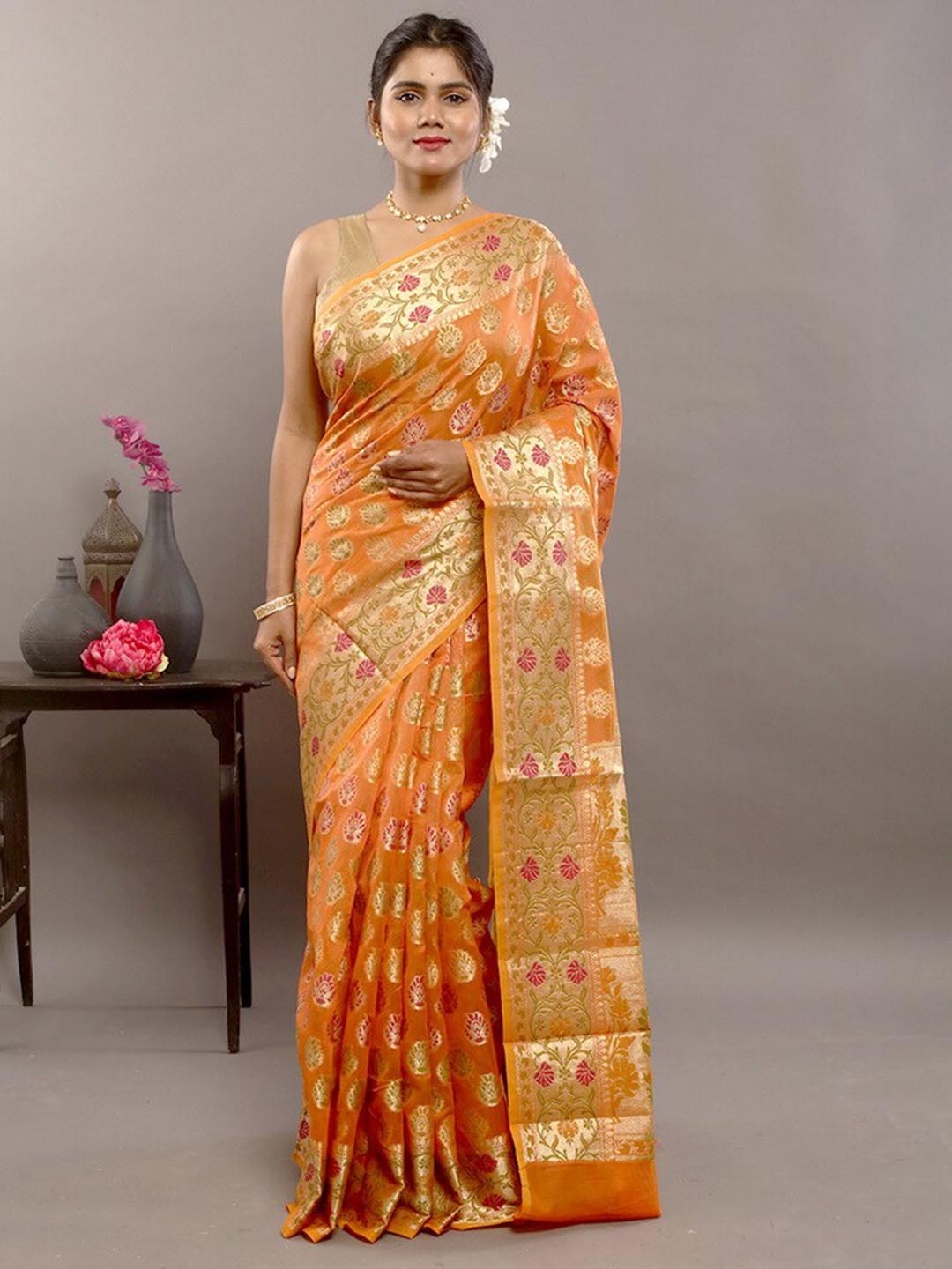 

AllSilks Floral Motif Woven Design Zari Pure Silk Saree, Orange
