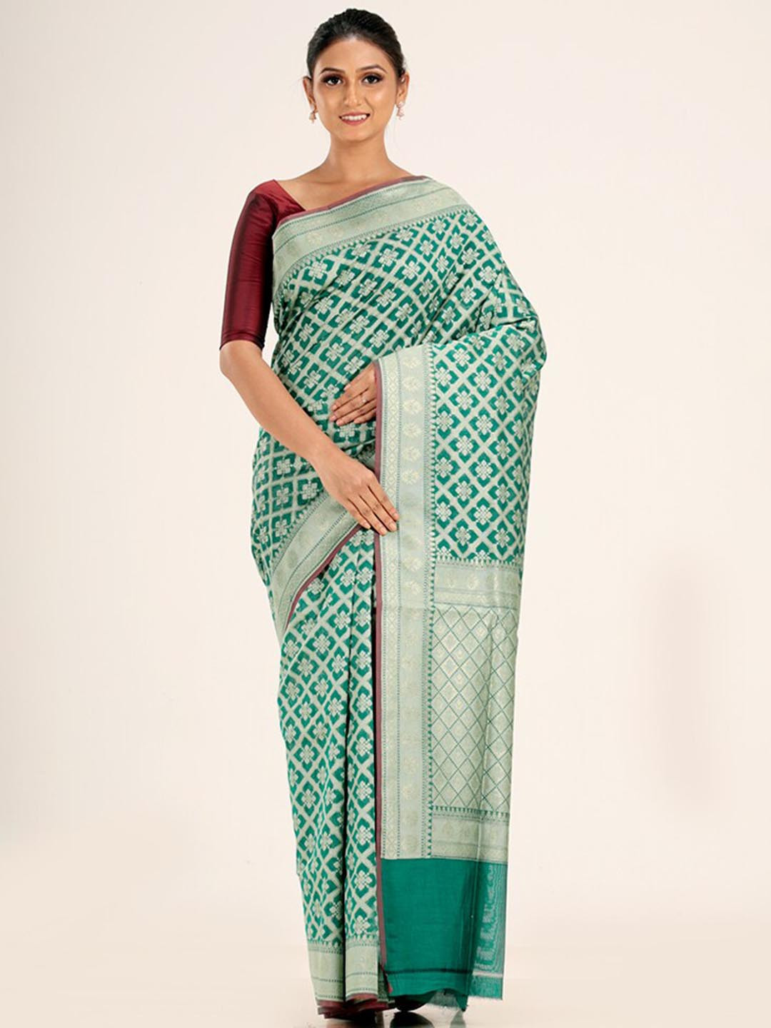 

AllSilks Geometric Motif Woven Design Zari Pure Silk Saree, Green