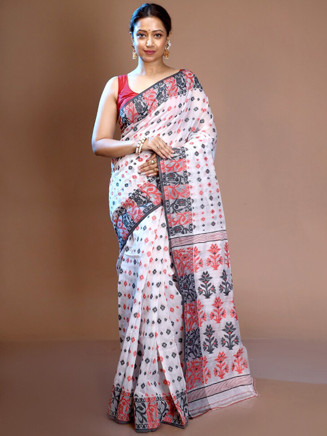 

AllSilks Floral Woven Design Pure Silk Taant Saree, White