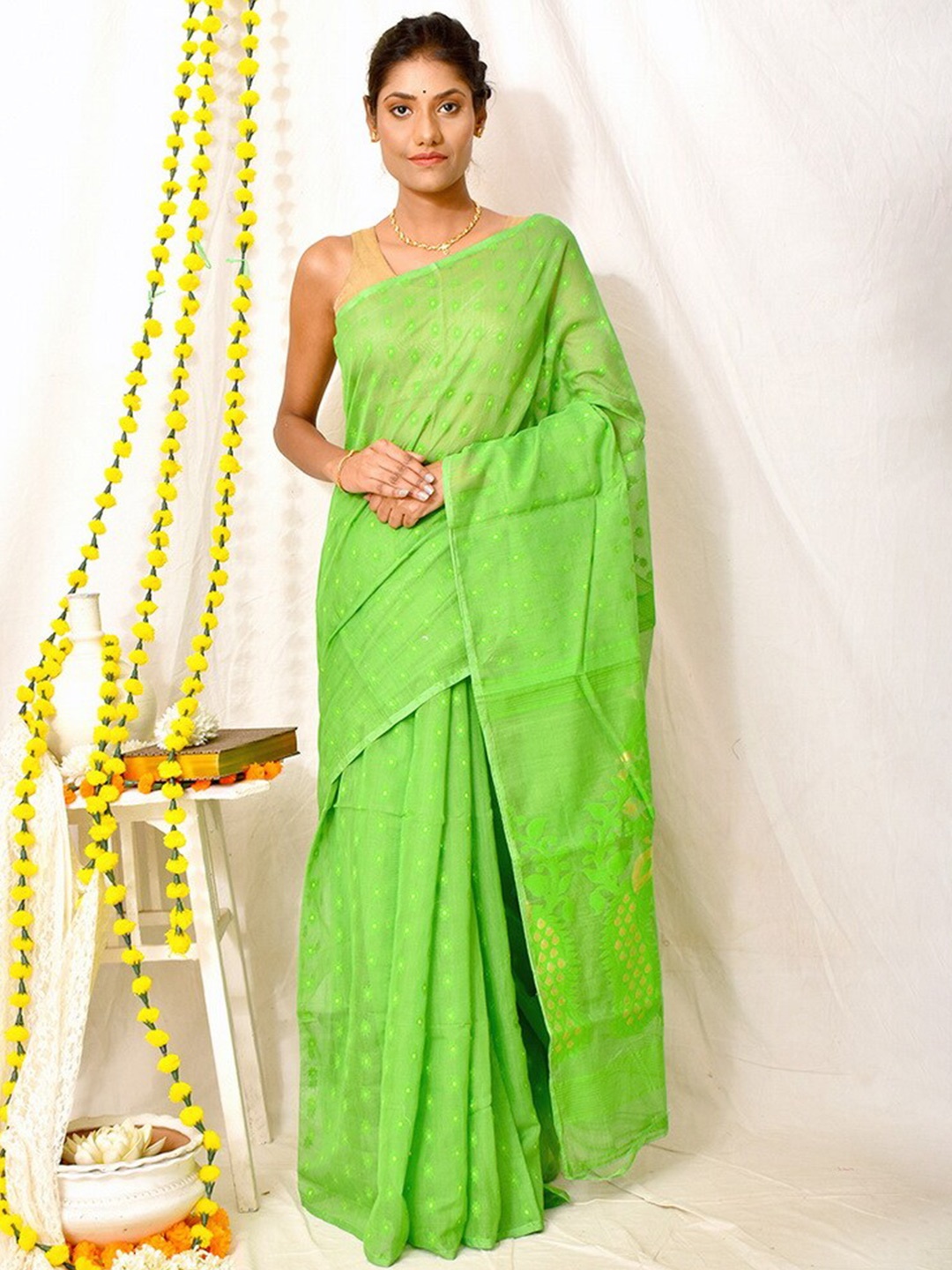 

AllSilks Woven Design Pure Silk Taant Saree, Green