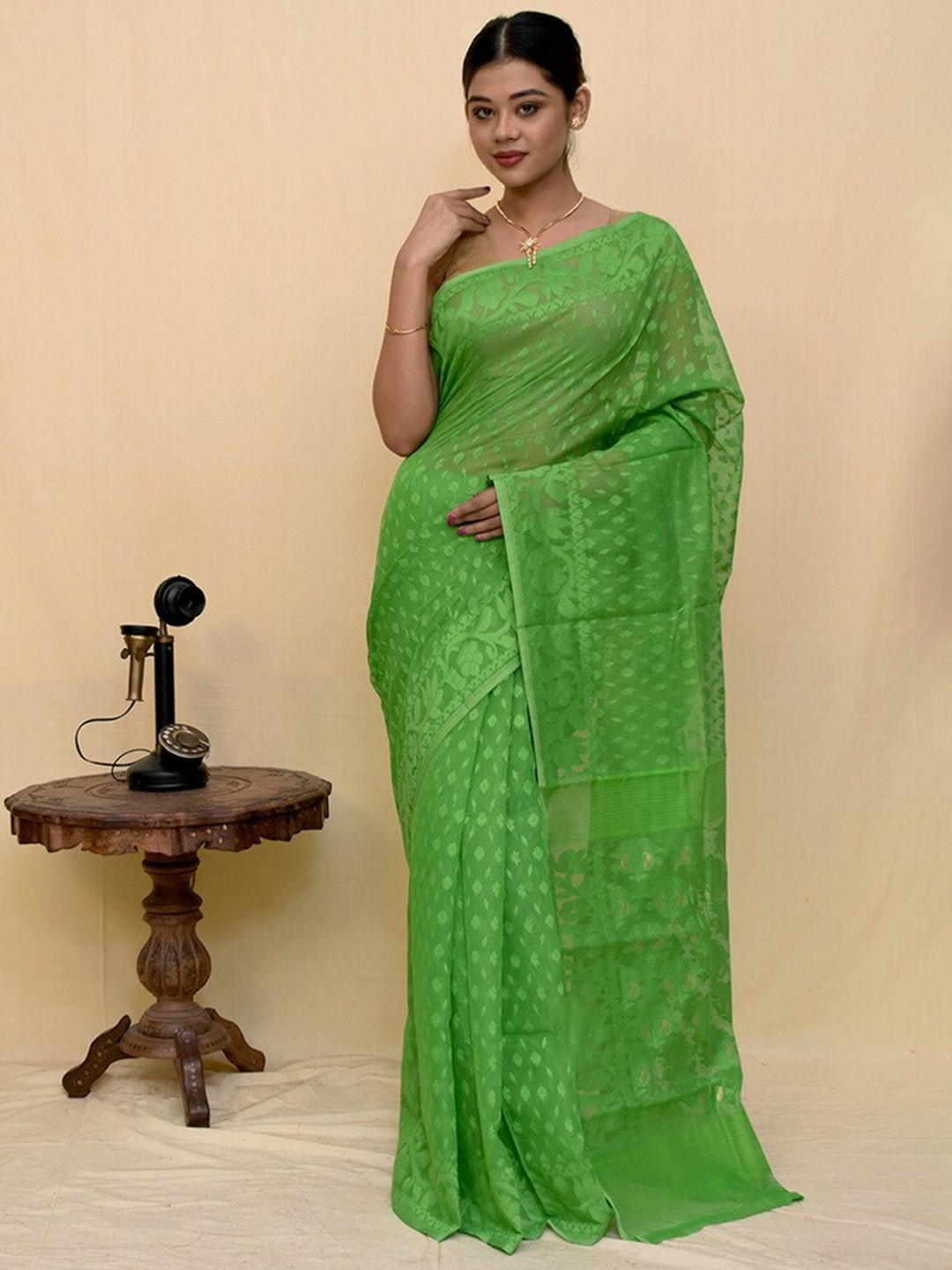 

AllSilks Ethnic Woven Design Pure Silk Taant Saree, Green