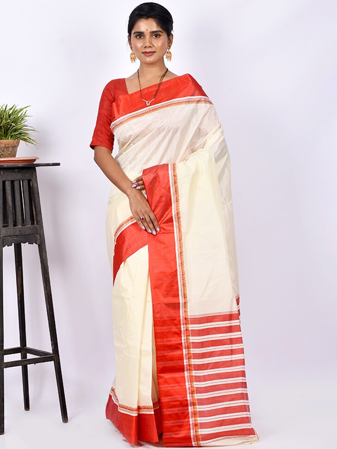 

AllSilks Striped Pallu Garad Pure Silk Saree, Off white