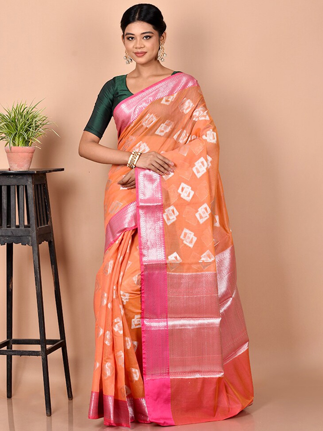 

AllSilks Geometric Woven Design Zari Pure Silk Saree, Orange