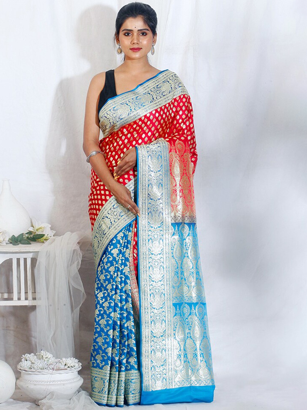 

AllSilks Woven Design Zari Half and Half Pure Silk Banarasi Saree, Pink