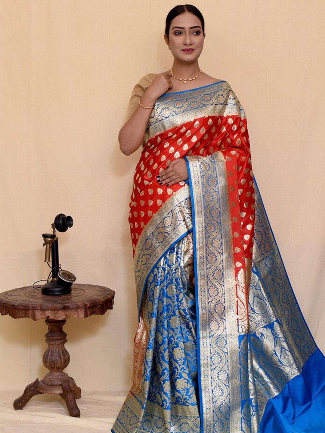 

AllSilks Ethnic Motifs Woven Design Zari Pure Silk Banarasi Saree, Red