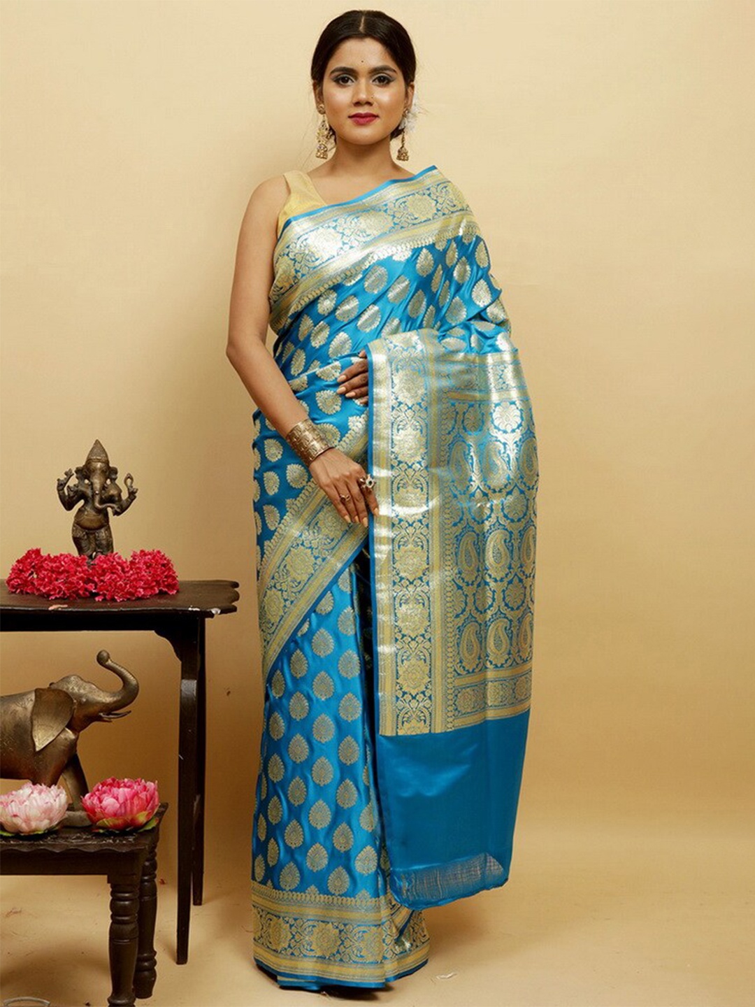 

AllSilks Ethnic Motifs Woven Design Zari Pure Silk Banarasi Saree, Blue