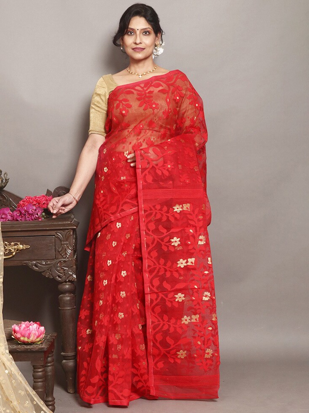 

AllSilks Floral Woven Design Pure Silk Taant Saree, Red