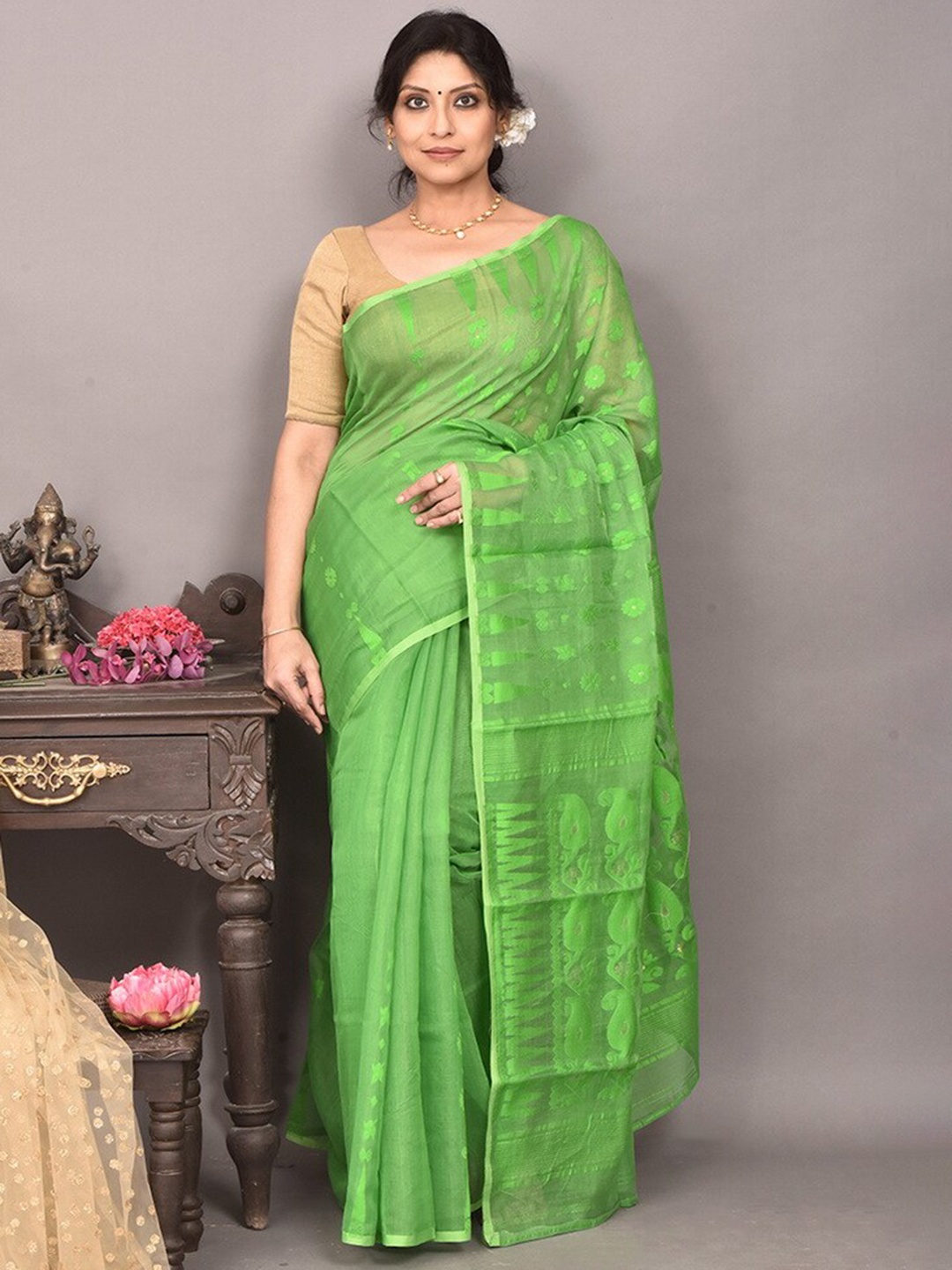 

AllSilks Floral Woven Design Pure Silk Taant Saree, Green