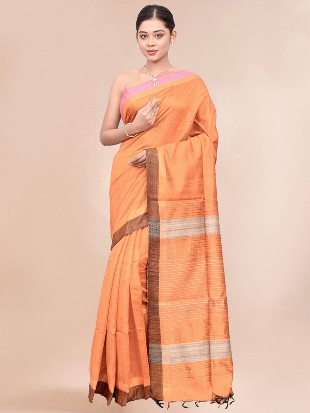 

AllSilks Pure Silk Tussar Saree With Woven Border, Pink