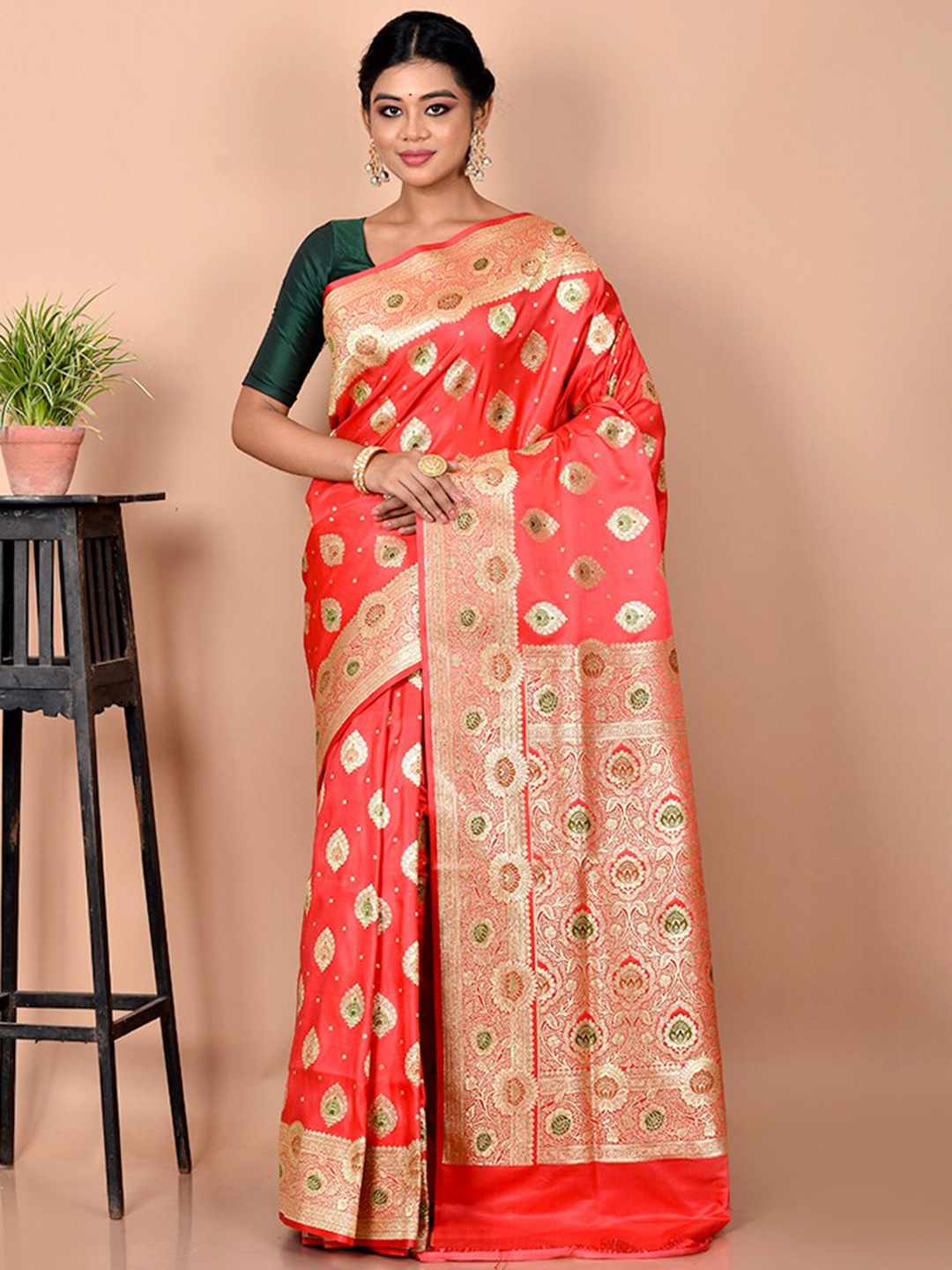 

AllSilks Ethnic Motif Zari Pure Silk Banarasi Saree, Red