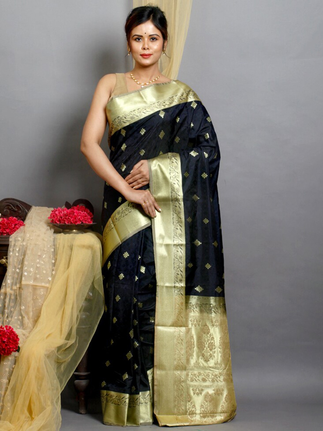 

AllSilks Ethnic Woven Design Zari Pure Silk Kanjeevaram Saree, Black