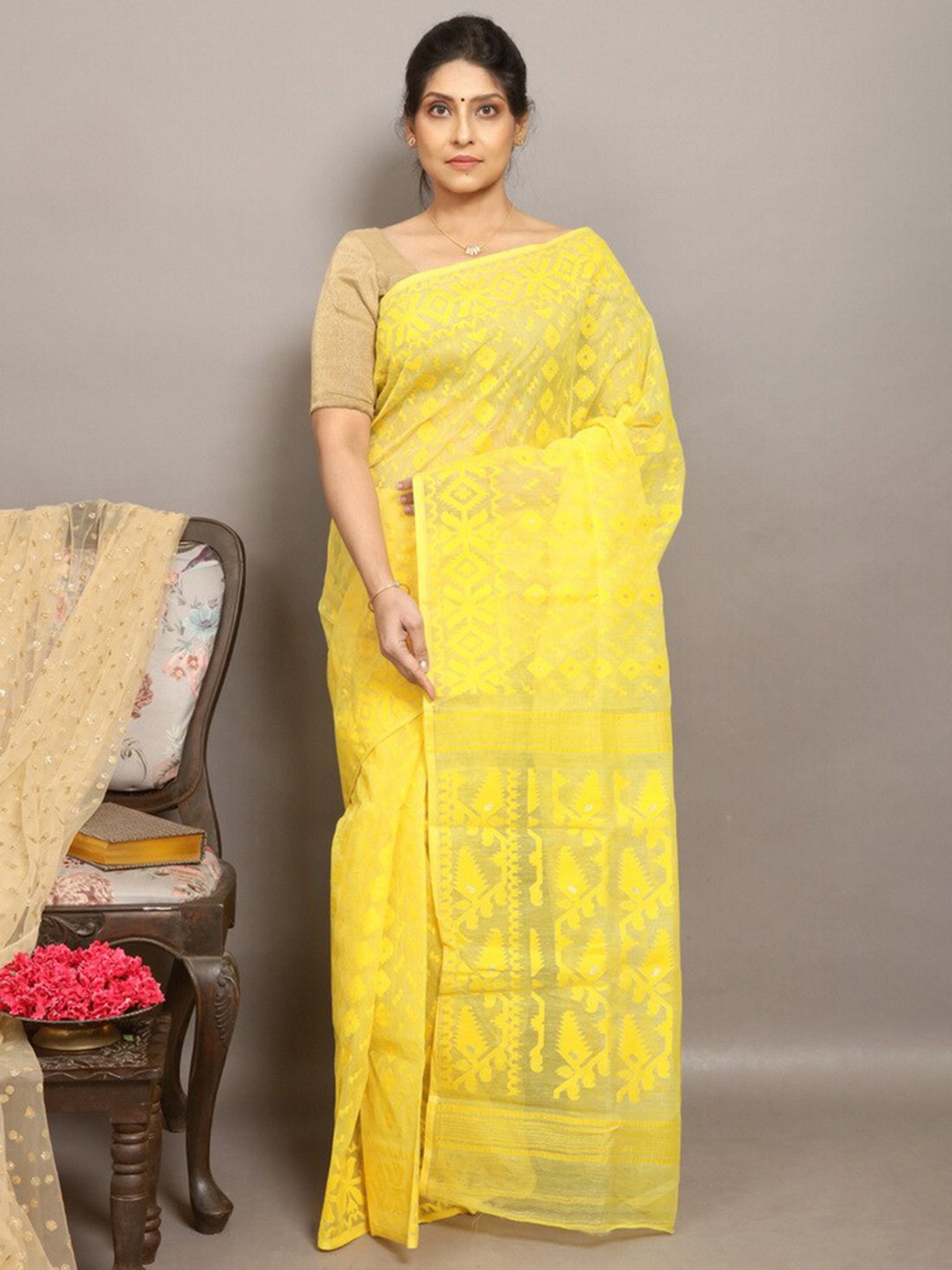 

AllSilks Floral Motif Woven Design Pure Silk Taant Saree, Yellow