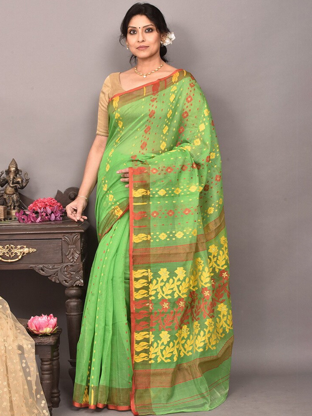 

AllSilks Floral Woven Pure Silk Taant Saree, Green