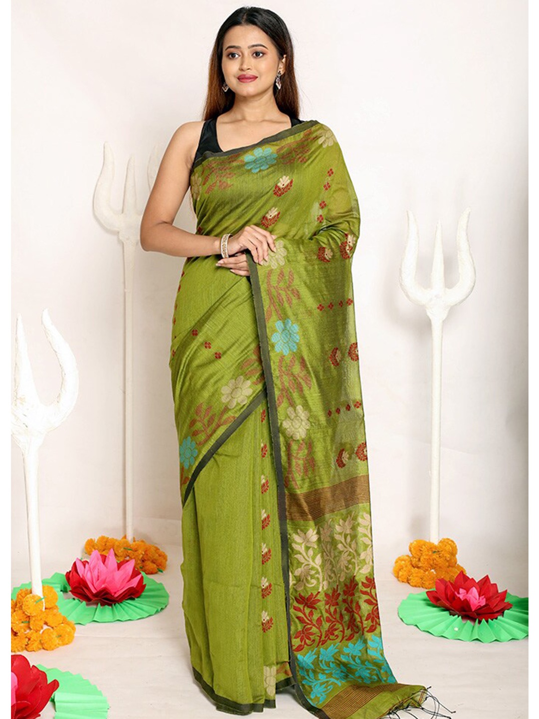 

AllSilks Flora Woven Zari Pure Silk Saree, Green