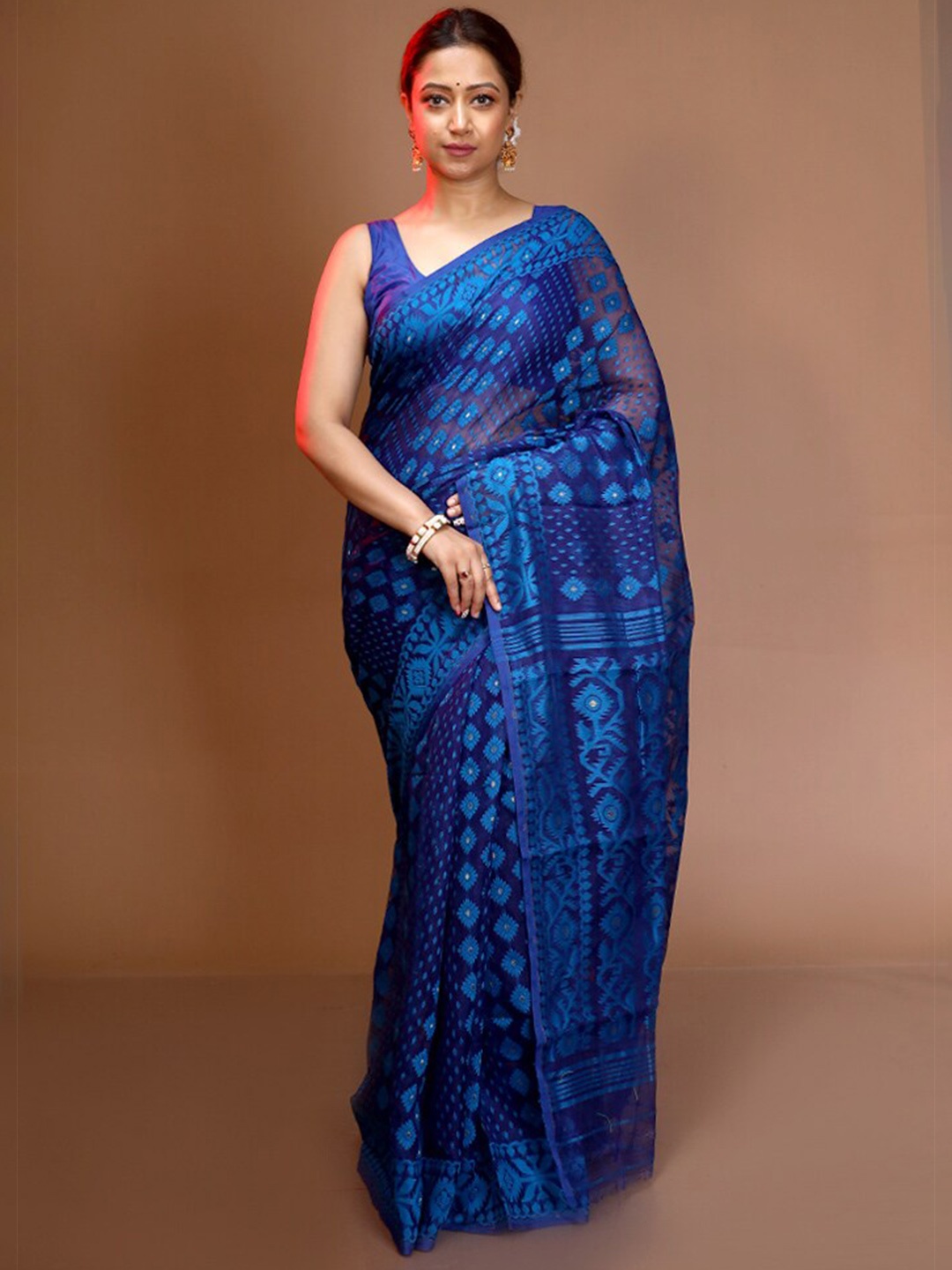 

AllSilks Geometric Woven Design Pure Silk Taant Saree, Blue