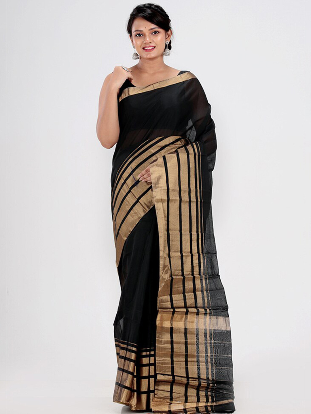 

AllSilks Striped Zari Bordered Pure Silk Saree, Black