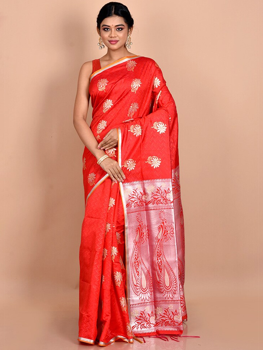 

AllSilks Floral Zari Pure Silk Kanjeevaram Saree, Red