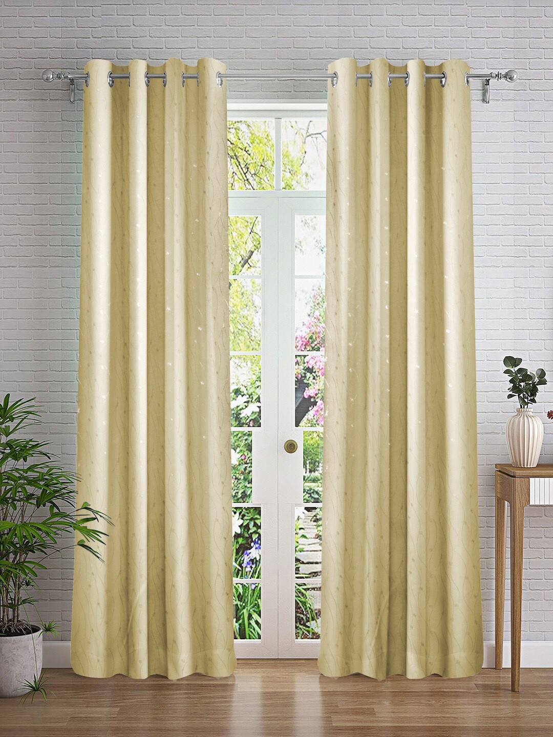 Cortina Beige & Silver-Toned 2 Pieces Printed Door Curtain