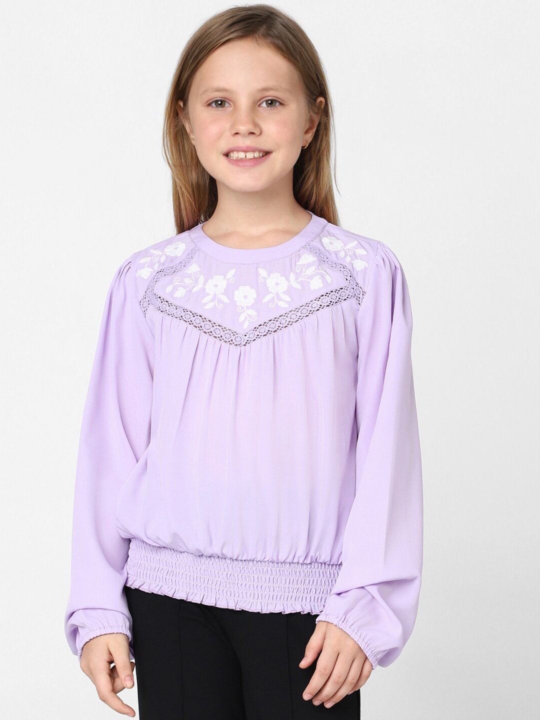 

KIDS ONLY Girls Floral Printed Round Neck Blouson Top, Purple