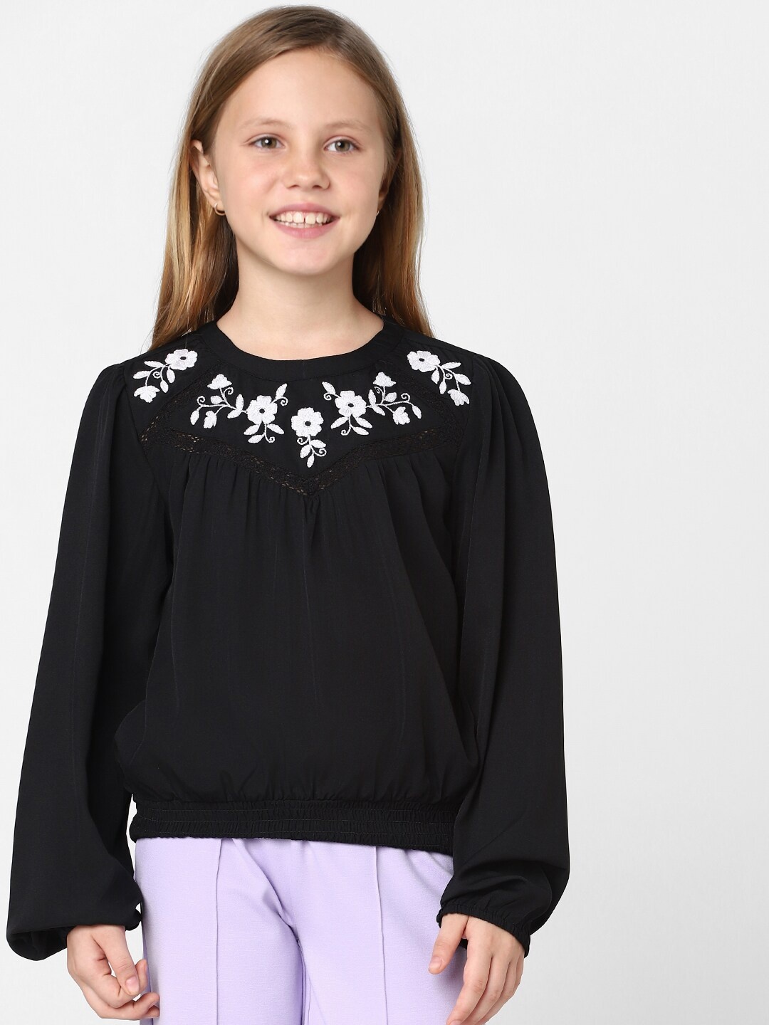

KIDS ONLY Girls Floral Embroidered lace Inserted Top, Black