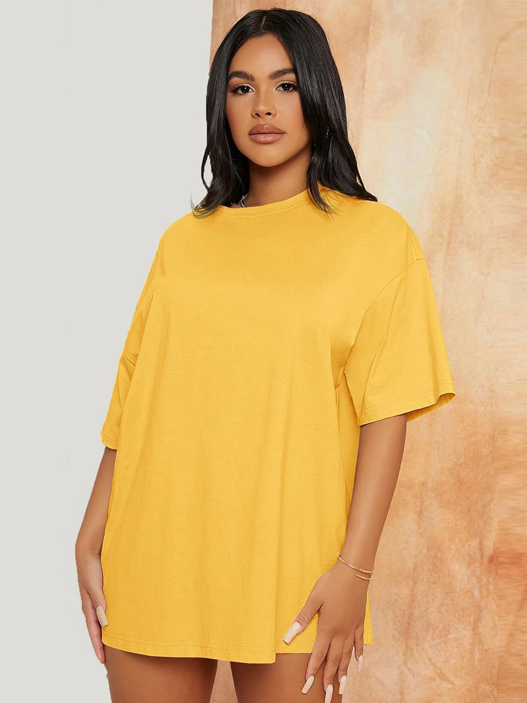 

Kotty Drop-Shoulder Sleeves Longline Loose T-shirt, Yellow