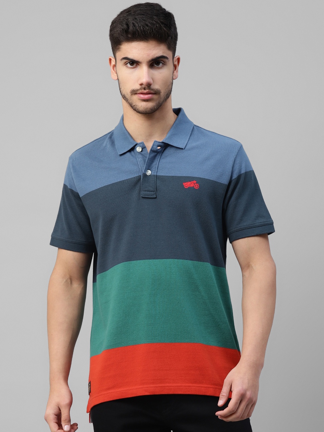 

Royal Enfield Colourblocked Polo Collar Cotton T-shirt, Navy blue