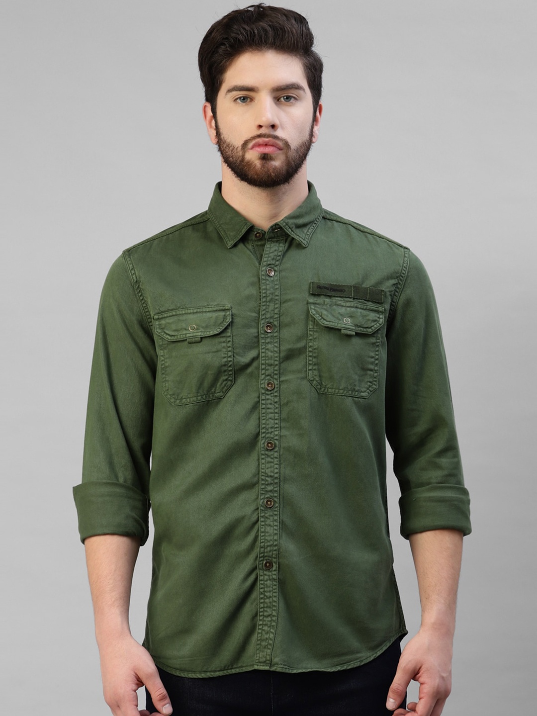 

Royal Enfield Spread Collar Cotton Slim Fit Casual Shirt, Olive