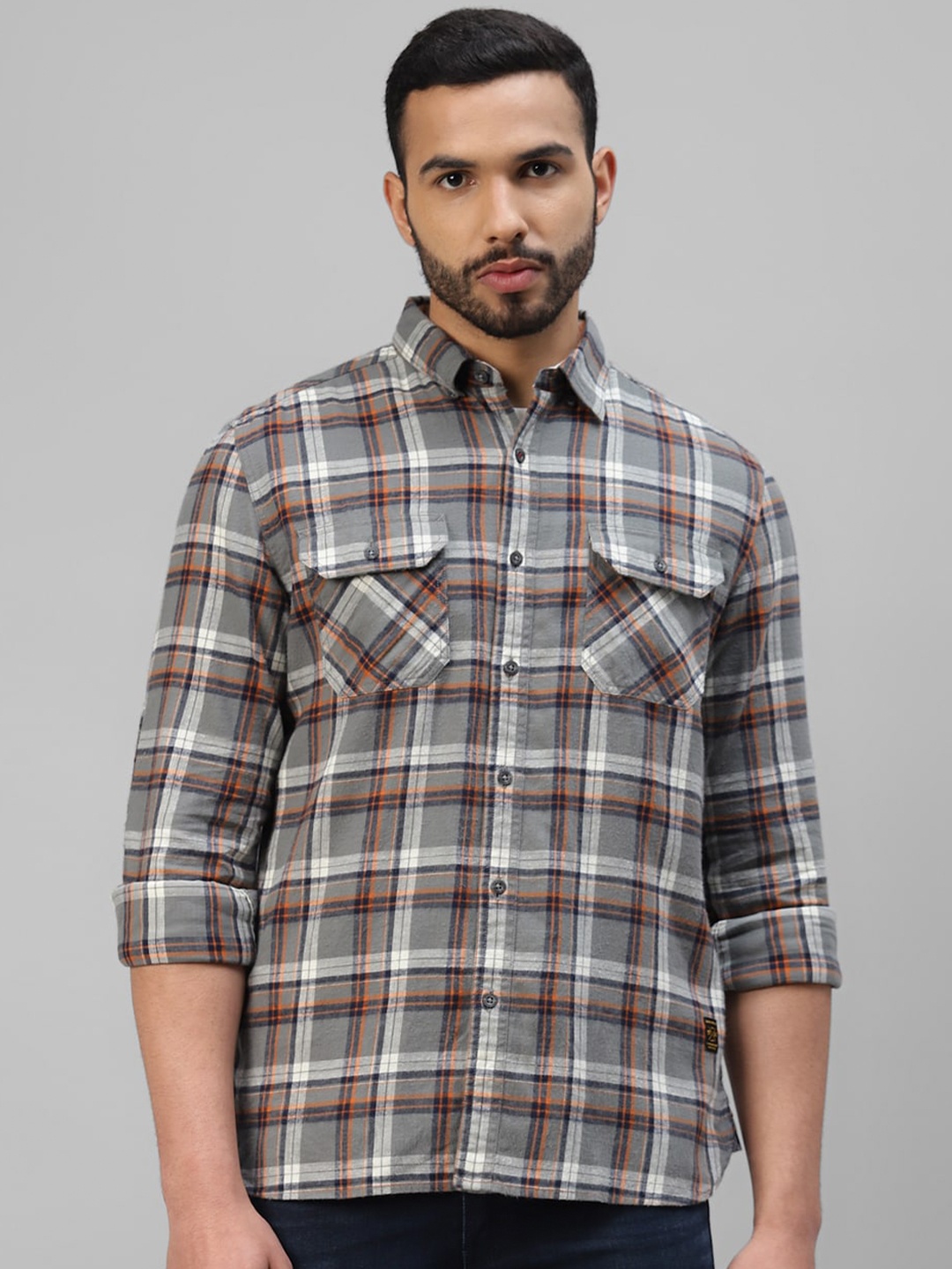 

Royal Enfield Men Cotton Tartan Checked Casual Shirt, Grey