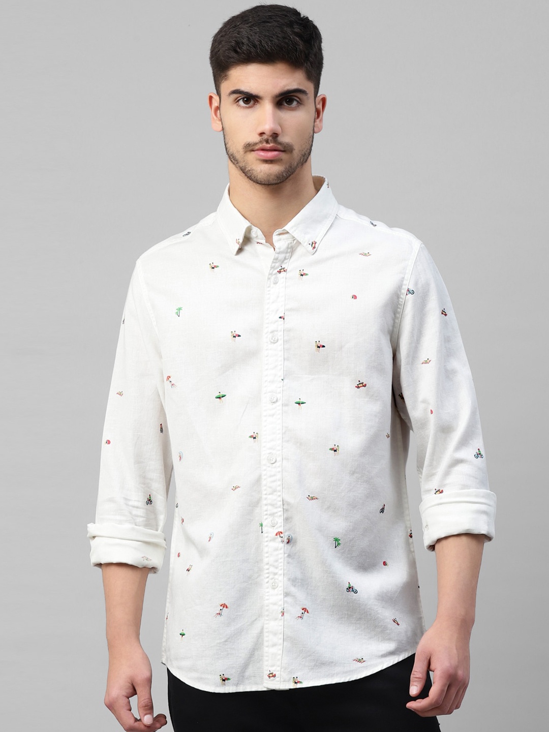 

Royal Enfield Printed Slim Fit Opaque Linen Casual Shirt, White