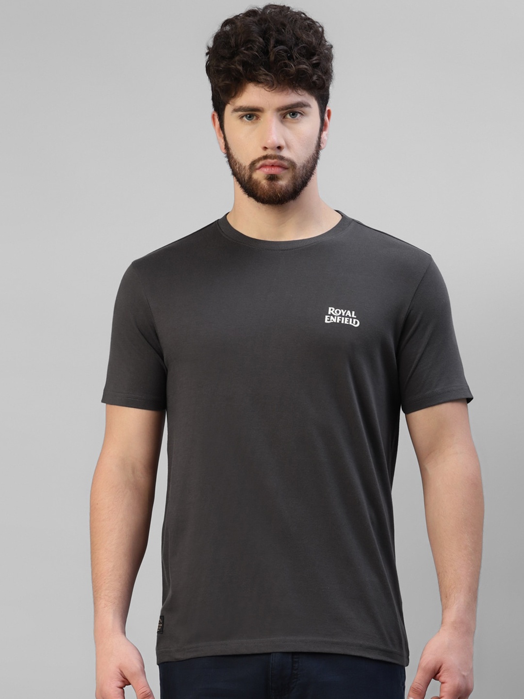 

Royal Enfield Biker Printed Round Neck Cotton T-shirt, Charcoal