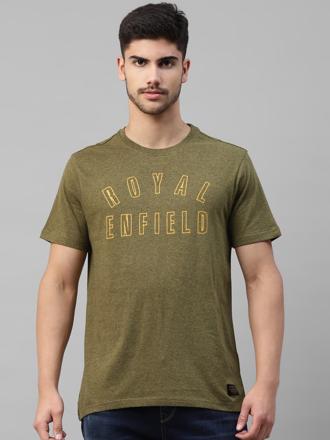 

Royal Enfield Typography Printed Round Neck Pure Cotton T-shirt, Olive