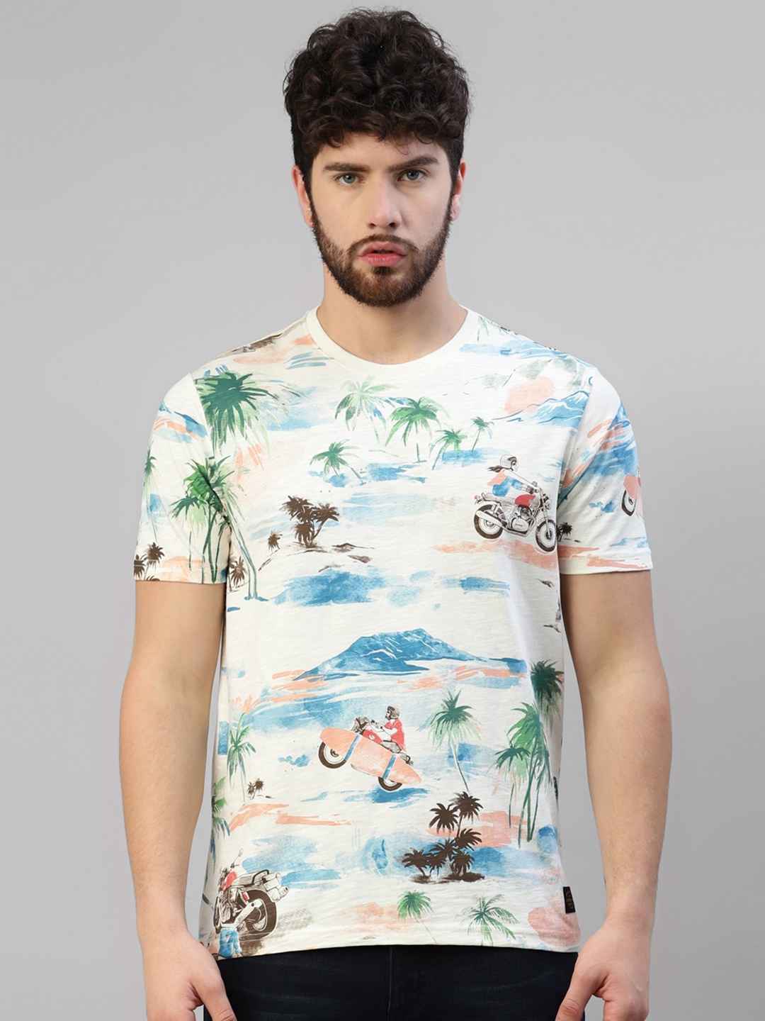 

Royal Enfield Tropical Printed CottonT-shirt, Blue