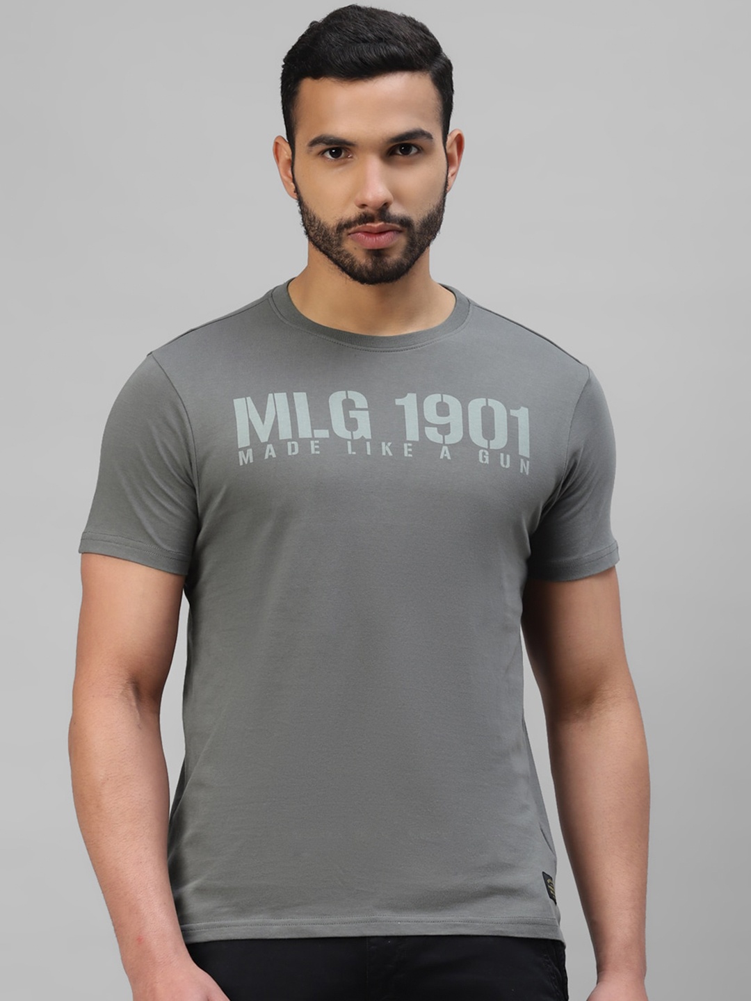 

Royal Enfield Typography Printed Round Neck Cotton T-shirt, Grey
