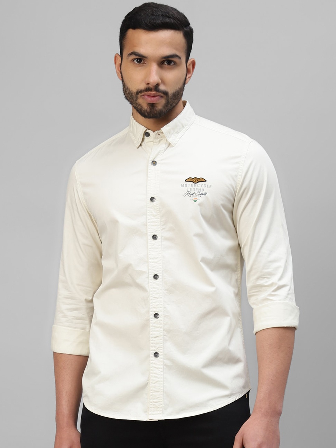 

Royal Enfield Spread Collar Slim Fit Cotton Casual Shirt, Off white