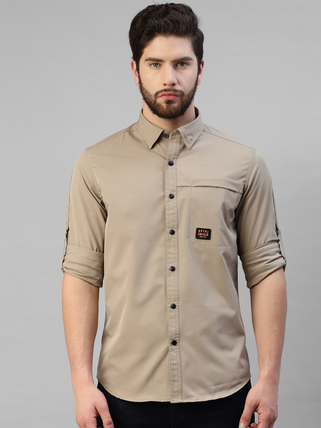 

Royal Enfield Men Roll-Up Sleeves Slim Fit Opaque Casual Shirt, Khaki