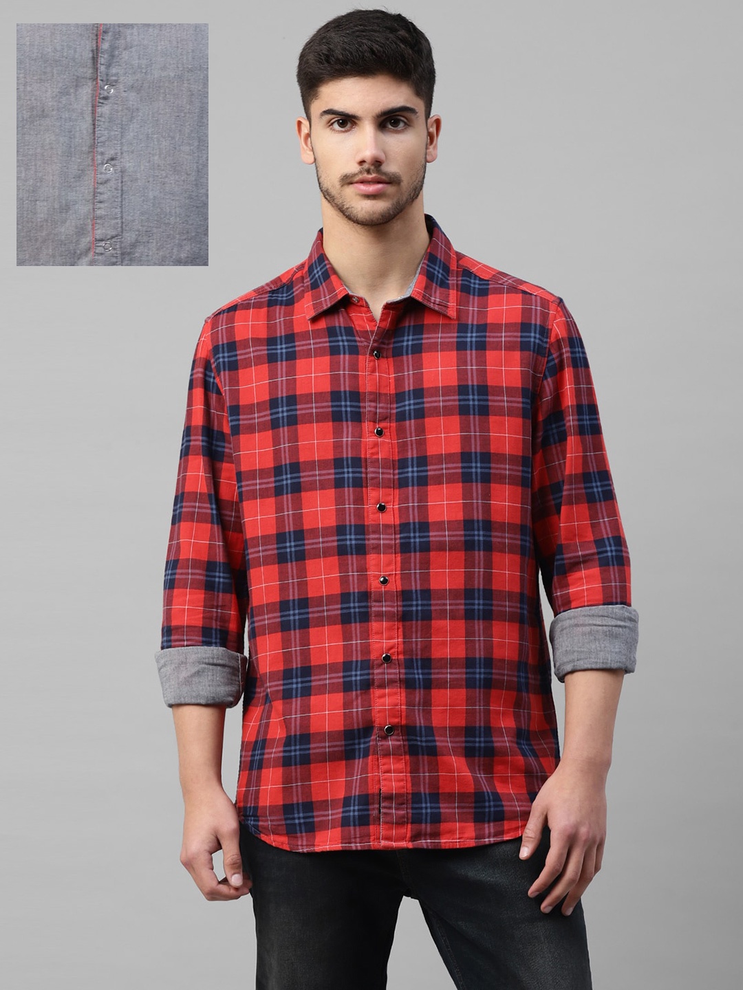

Royal Enfield Men Tartan Checked Cotton Slim Fit Opaque Casual Shirt, Red