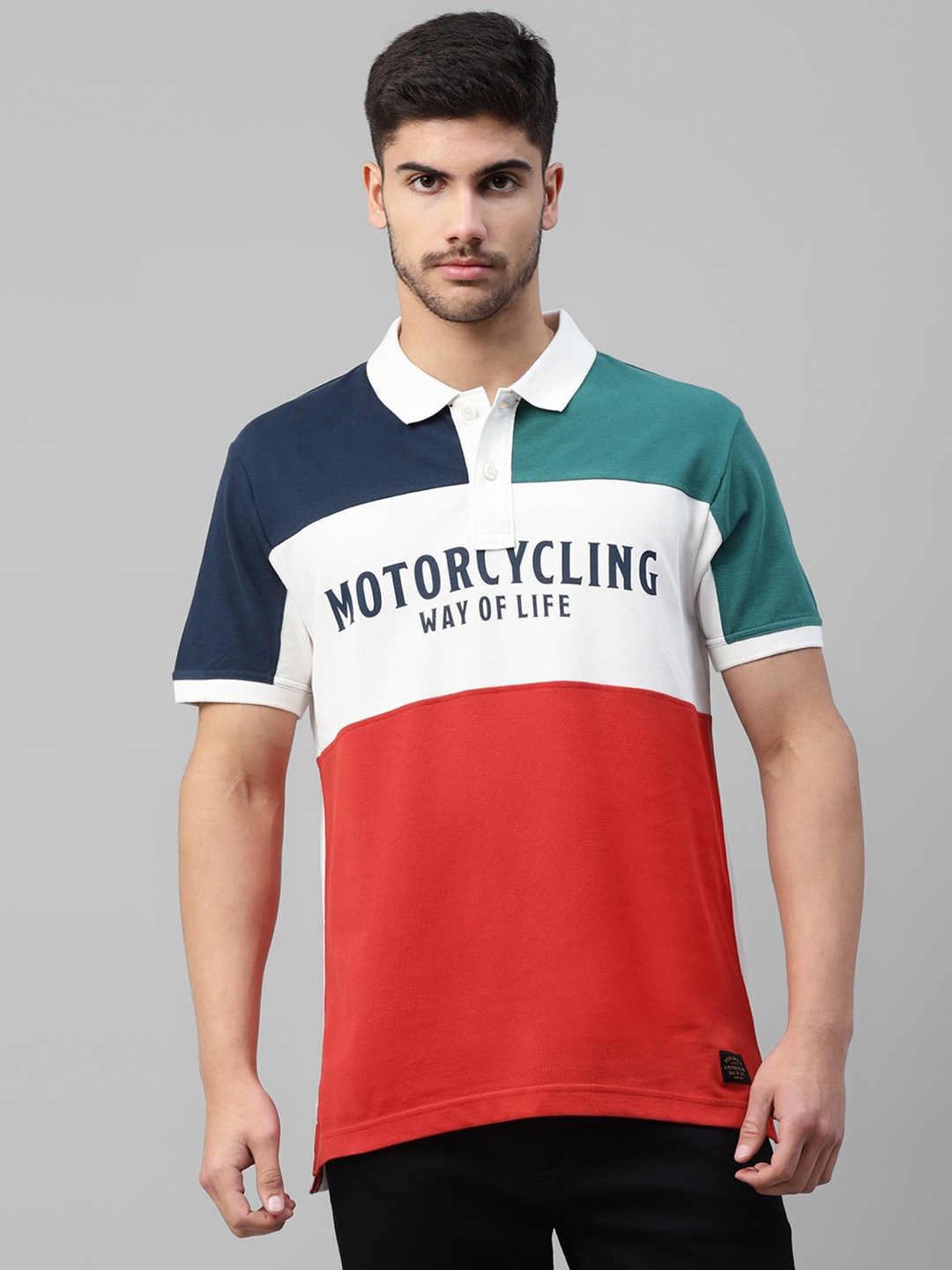 

Royal Enfield Colourblocked Polo Collar Cotton T-shirt, Red