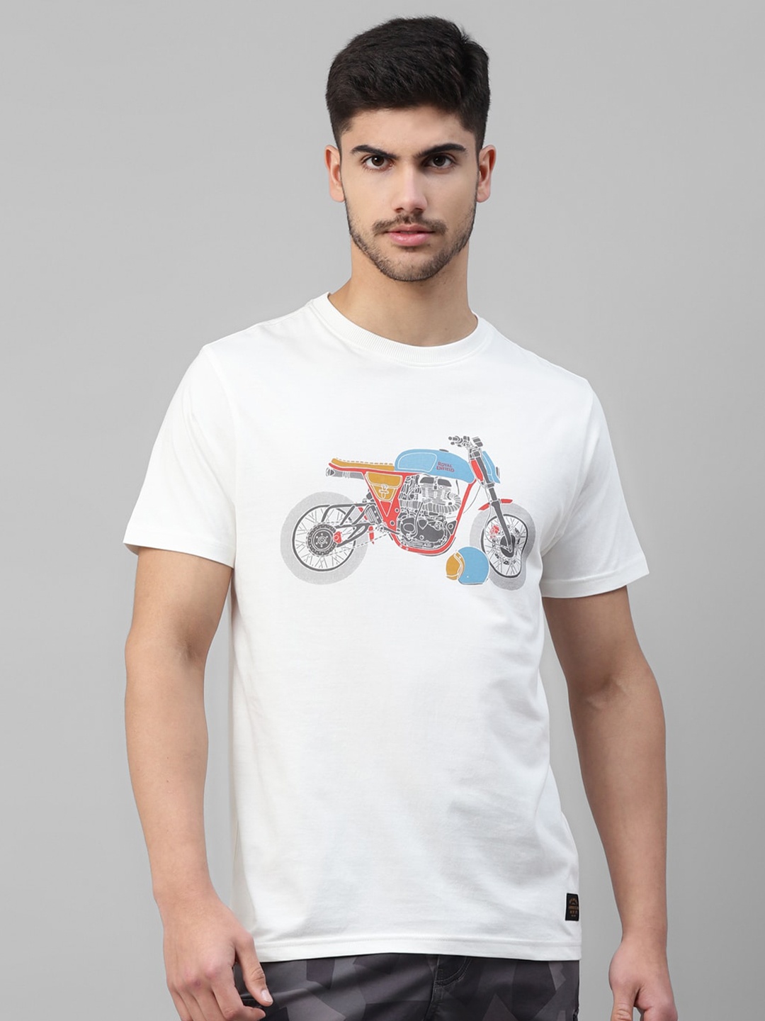 

Royal Enfield Biker Printed Round Neck Cotton T-shirt, White