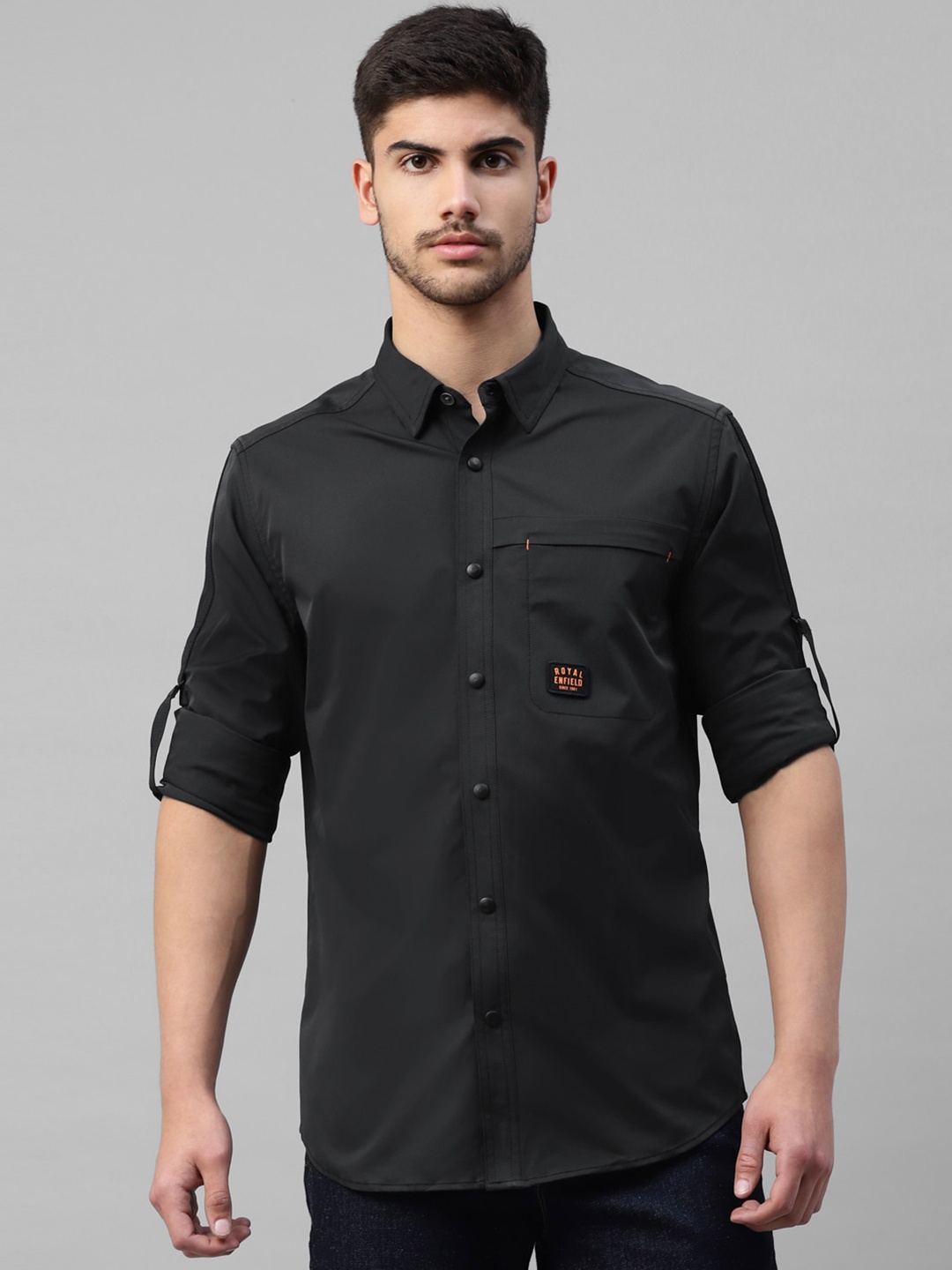 

Royal Enfield Men Roll-Up Sleeves Slim Fit Opaque Casual Shirt, Black