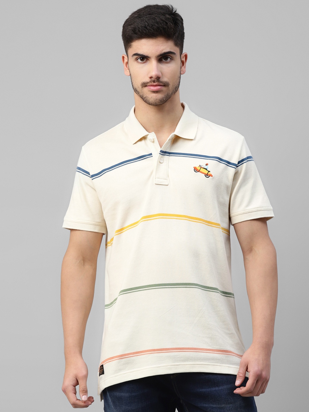 

Royal Enfield Striped Polo Collar Cotton T-shirt, Off white