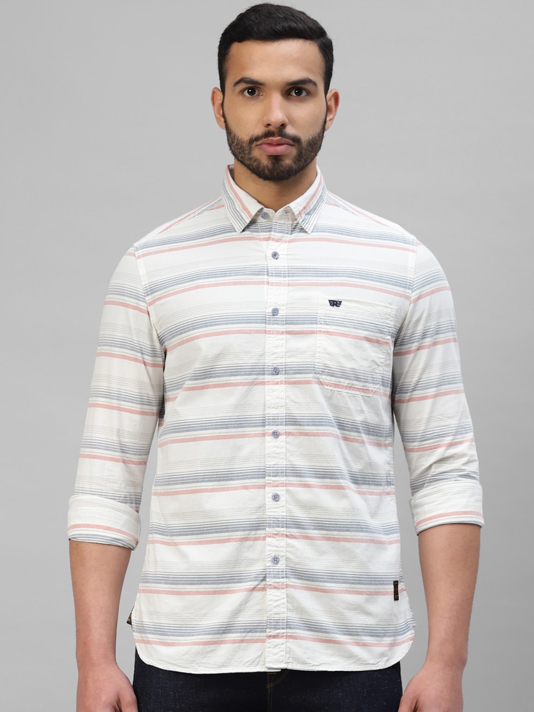 

Royal Enfield Spread Collar Slim Fit Horizontal Striped Cotton Casual Shirt, White