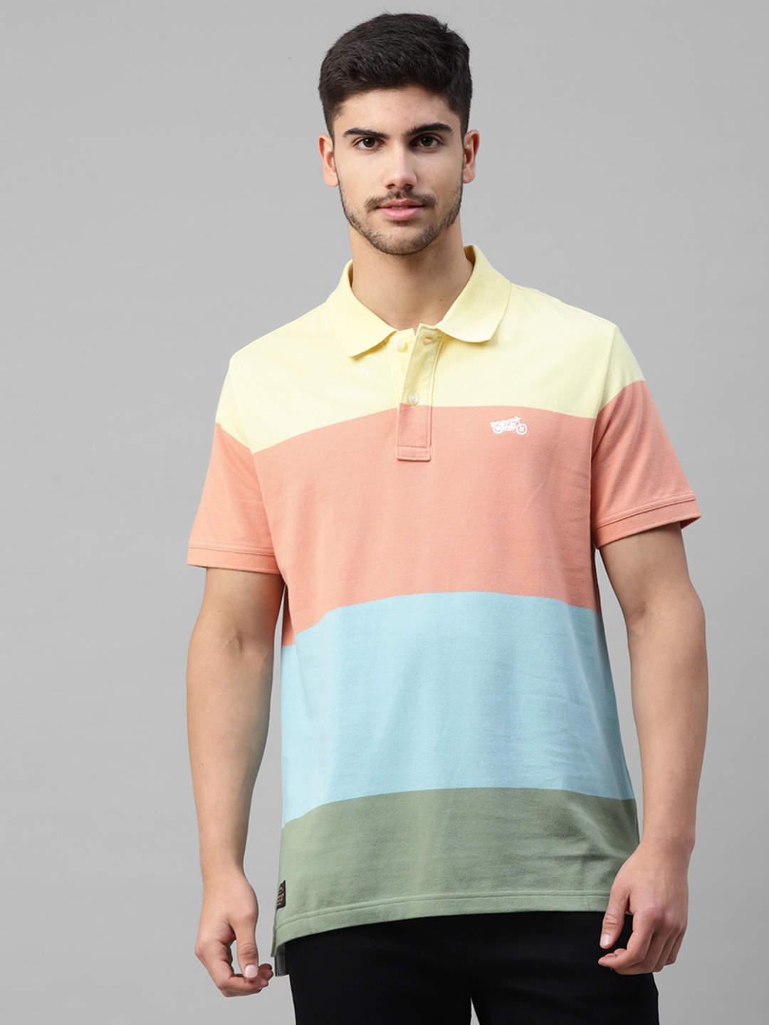 

Royal Enfield Striped Polo Collar Cotton T-shirt, Peach
