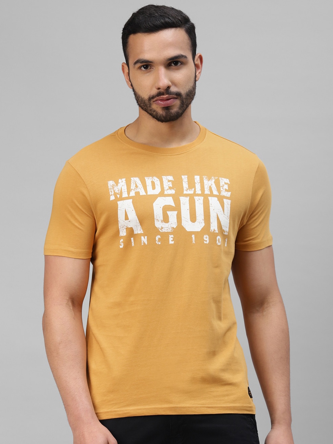 

Royal Enfield Typography Printed Cotton T-shirt, Mustard